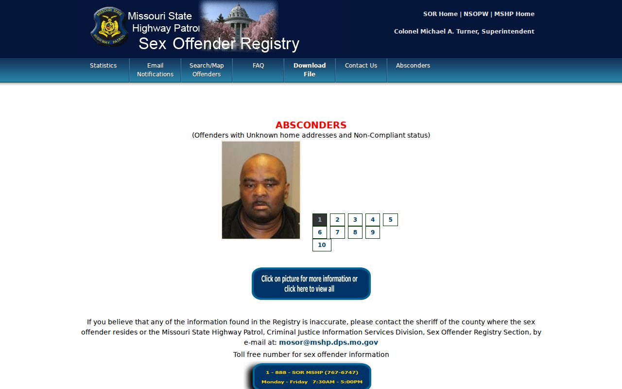 Springfield resident lookup view of Missouri registry search controls